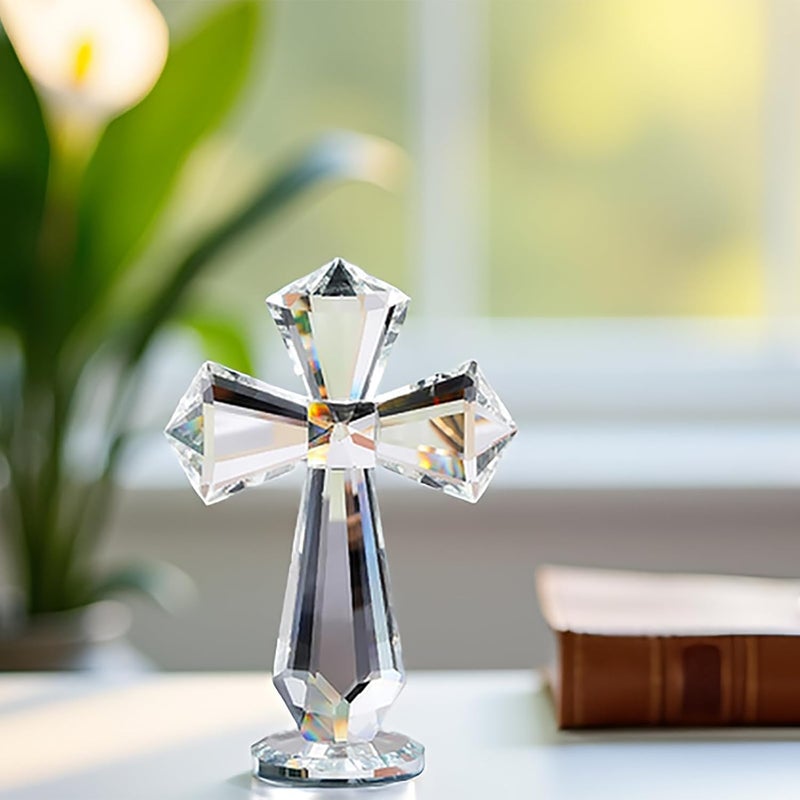 Rotroyce Hand-Carved Crystal Cross Desk Decor - 6 Inch Spiritual Gift for Christians, Clear K9 Crystal Religious Figurine with 360° Faceted Design, Home Altar & Office Inspirational Ornament (Transparent) - Image 5